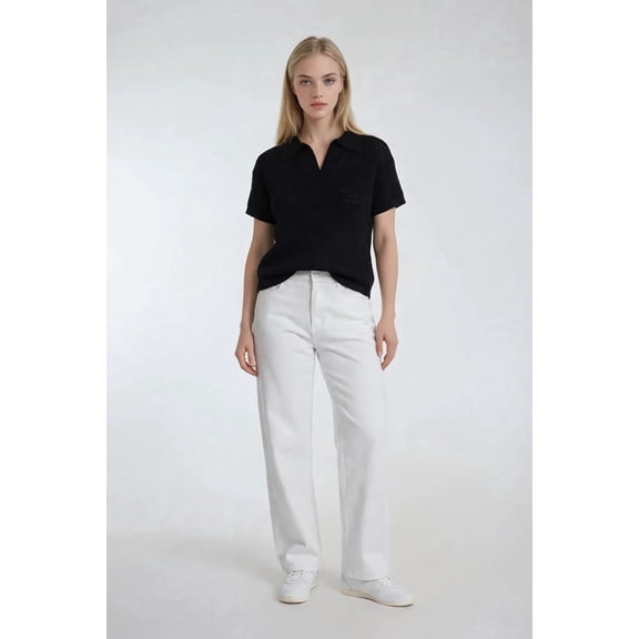 Forever 21 Short-Sleeve Crochet Collared Sweater Top, Color-Black, Size-Xs