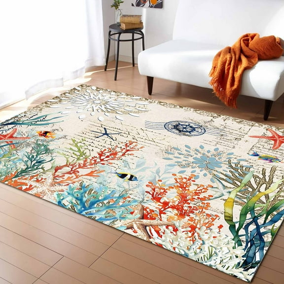 Area Rugs Indoor Non-Slip Rectangle Rug 5x7 Ft Summer Coastal Ocean Coral Seaweed Vintage Letter Background Rug Rubber Backing Floor Mats Non Shedding Home Decor Carpet for Entryway Living Room