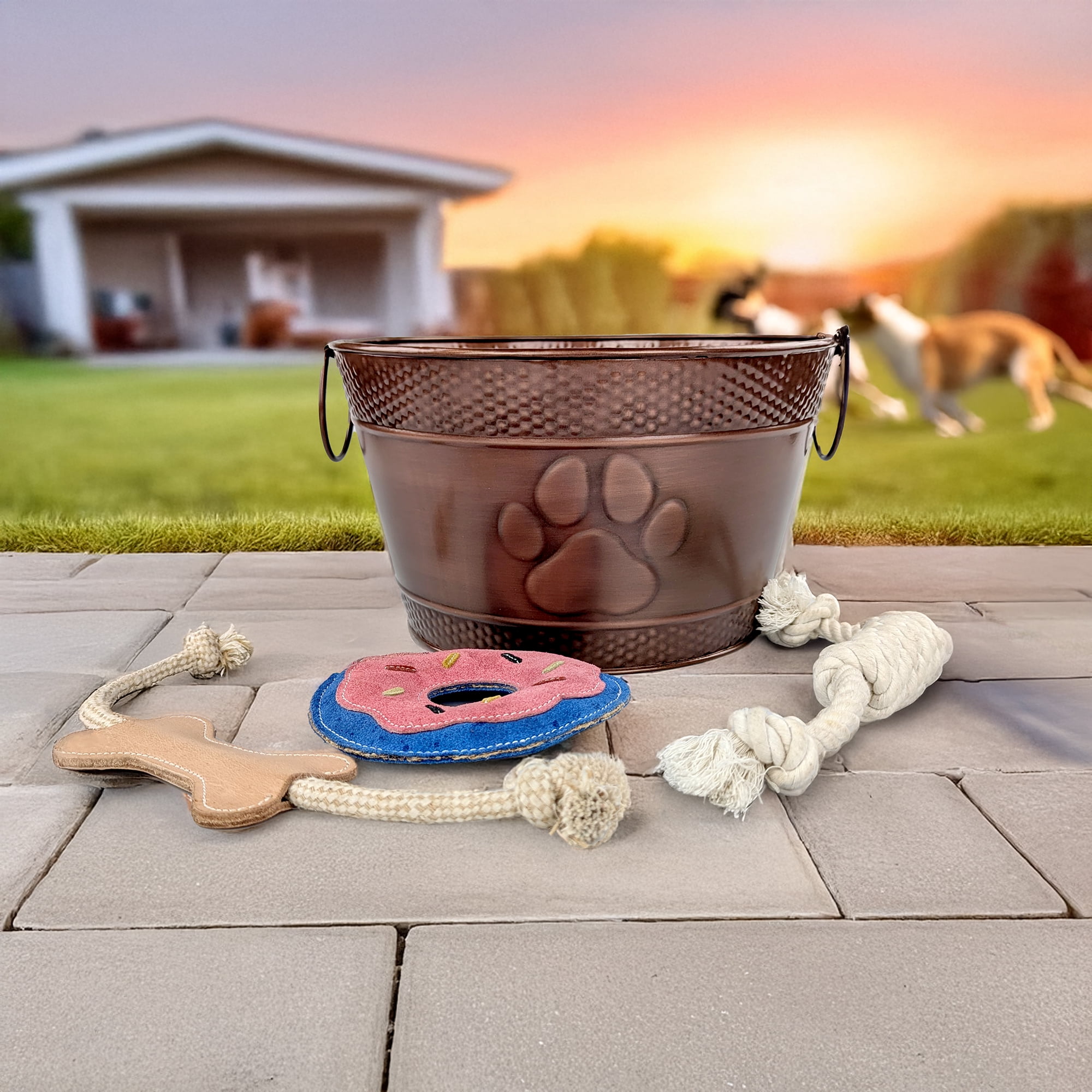 BREKX Home + Party Metal Dog Toy Box with 3 Dog Toys, For Aggressive Chewers, Bronze, Round & Paw