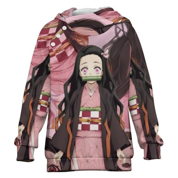Kamado Nezuko Kids Hoodie Raglan Sleeve Hooded Snap Sweatshirt Casual Wear Soft Breathable Outerwear Winter Clothes 6-7Y