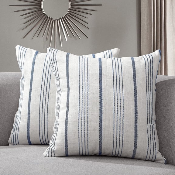 Decorative Farmhouse Throw Pillow Case, Set of 2 Cream/Off-White with Blue Stripes Modern Accent Square 18" x 18", Throw Pillow Cover for Sofa Couch Chair Bedroom
