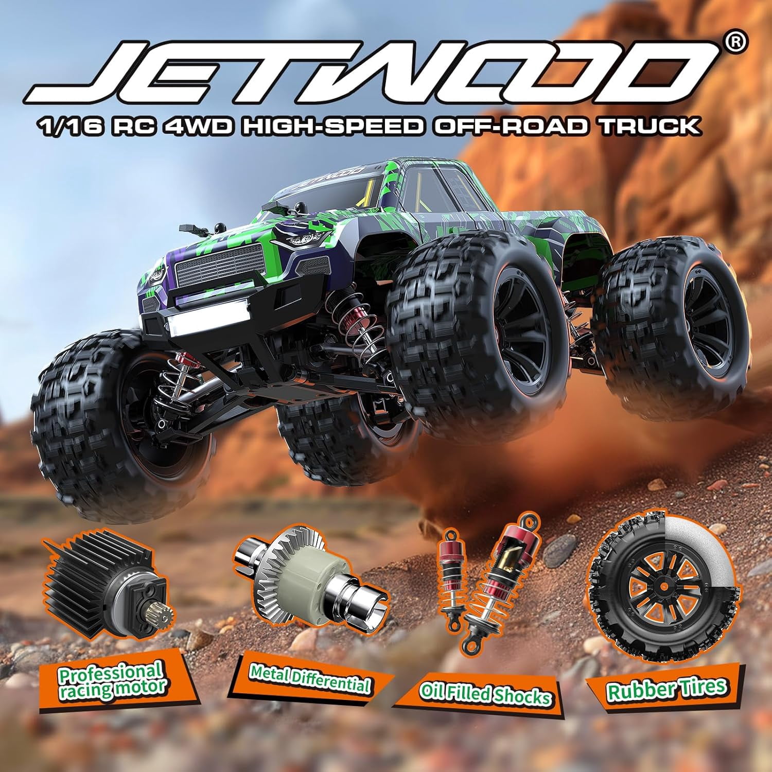 Jetwood 1/16 Fast Remote Control Car for Adults, Electric 4WD RTR RC Cars, High Speed RC Truck AWD, Max 38 kph Offroad Truck, JC16W with 2 Batteries