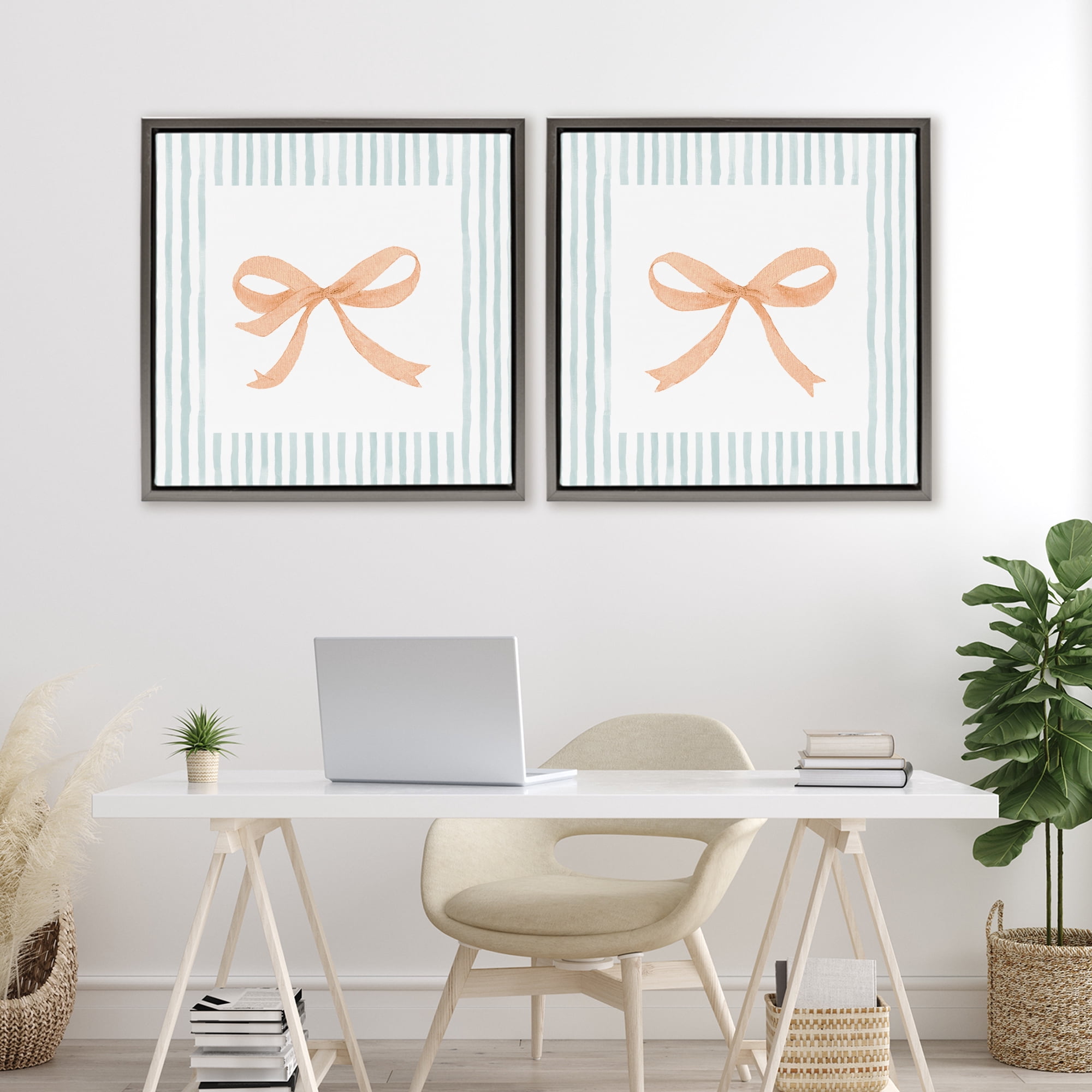 Stupell Industries Orange Bows and Blue Stripes 2 Piece Gray Framed Floater Canvas Set, design by Patricia Pinto