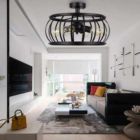 

ANQIDI Semi Flush Mount Ceiling Light Vintage Pendant Lights Industrial Chandelier Black Metal Cage Hanging Fixture with 4 E26