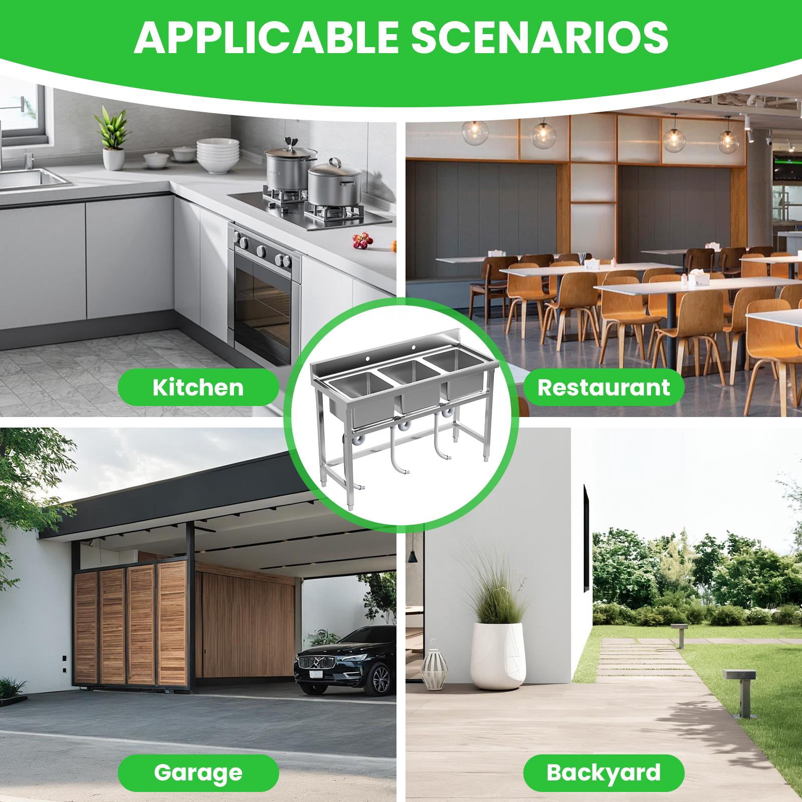 Heavy Duty 3-Compartment Kitchen Sink Stainless Steel Commercial Utility Sink Free Standing Outdoor Sink Large Capacity Wash Sink 51" x 31.5" x 19.7" for Catering, Kitchen, Garage