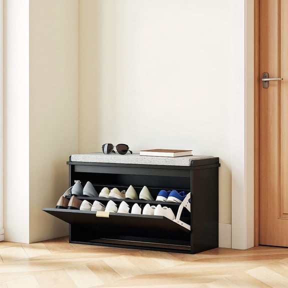 GVN Entryway Bench,Shoe Bench, Shoe Storage Bench with Padded Seat Cushion and Flip-Drawer, Entryway Bench, 31.5"L, Black