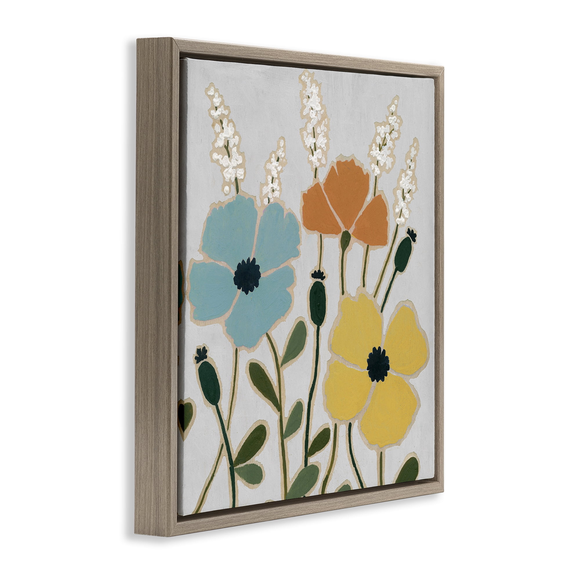 Stupell Industries Modern Primaries Blooms Plants & Flowers Painting Brown Floater Framed Canvas Art Print Wall Art, 18 x 18