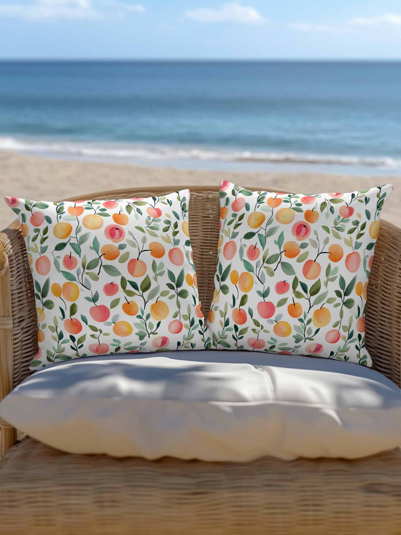 Outdoor Pillows Waterproof, Summer Fruits Bedding Throw Pillows with Insert for Couch Sofa Bed, Orange Peach Green Botanical Spring 18x18 Inch Pillowcases Decorative Camping Patio Pillow Set of 1