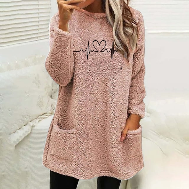 LSLJS Hauts Thermiques pour Femmes, Hauts à Col Rond et d'Hiver Amples avec Poches, Manches Longues et Chauds