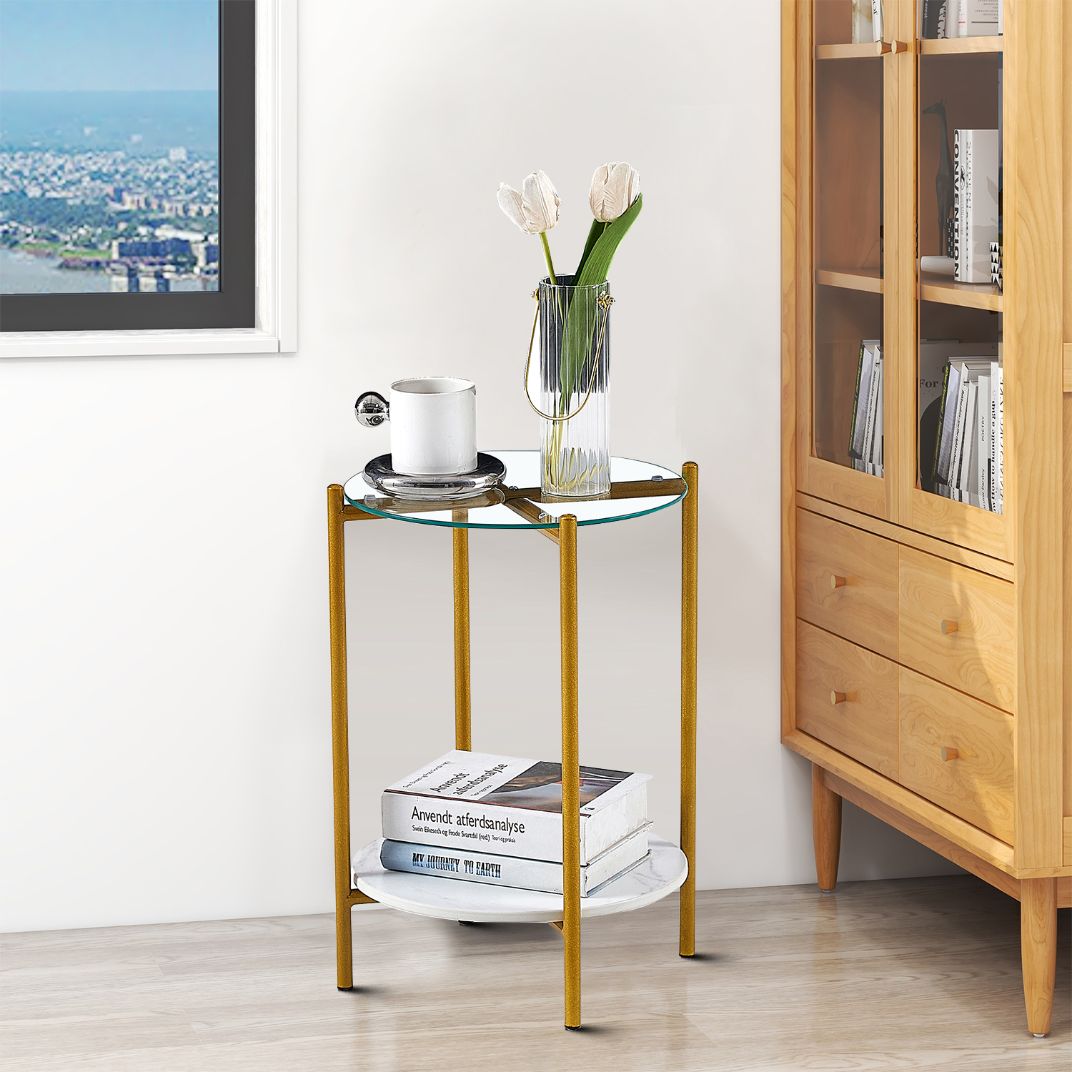 2layer End Table Round Coffee Table with Metal Frame, Artificial