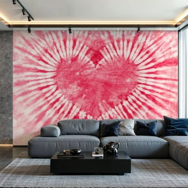 Prxcm Canvas Wall Mural Peel and Stick Large Wallpaper pink heart shape tie dye pattern hand dyed cotton Wall Art Decor for Living Room Bathroom Self Adhesive and Removable 100" x 144"