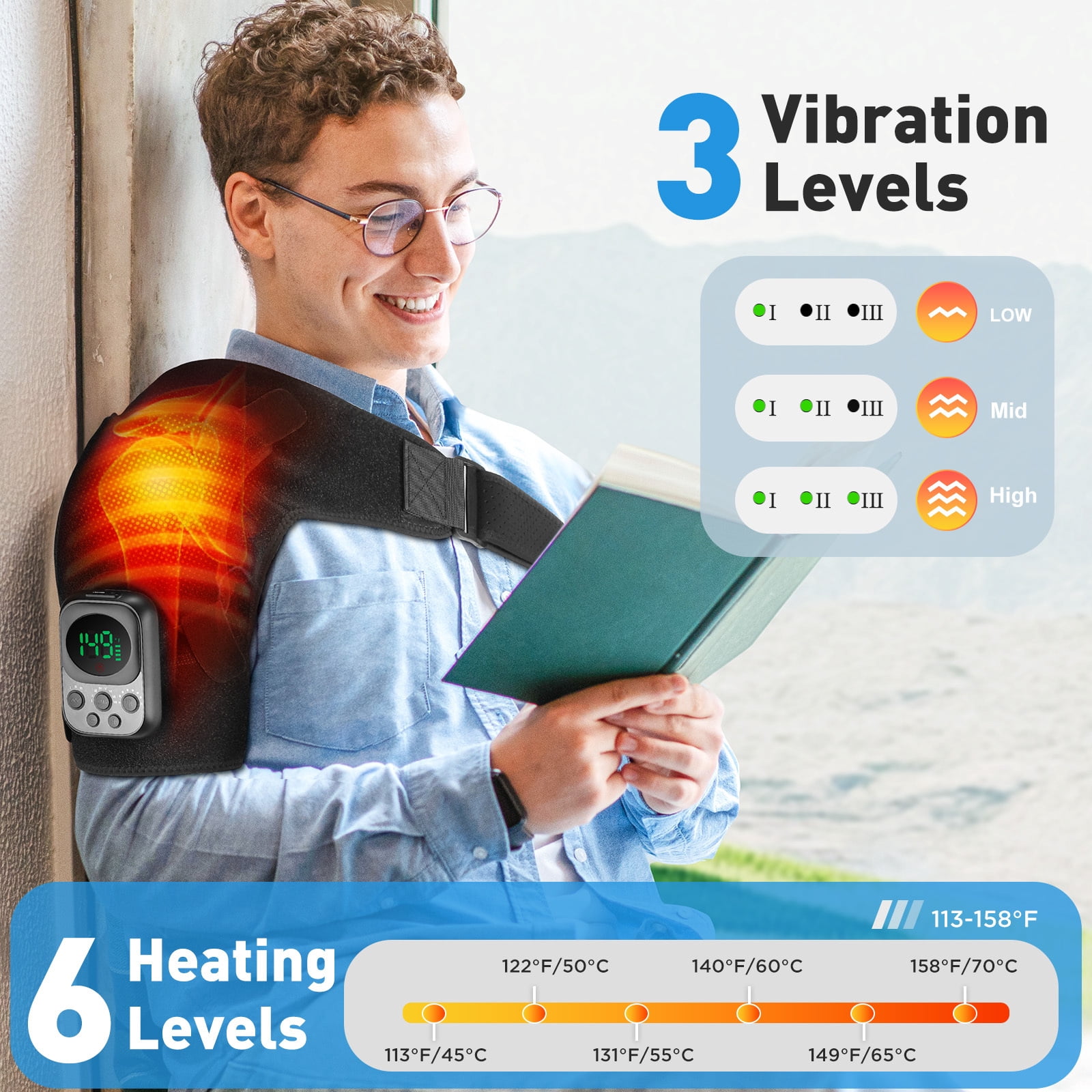Heated Shoulder Massager, Heating Shoulder Pad with 8 Modes, 3 Speed Vibration, 6 Heat Levels, App Control, Detachable Controller, 5000mAh Battery, Portable for Shoulder Relaxation