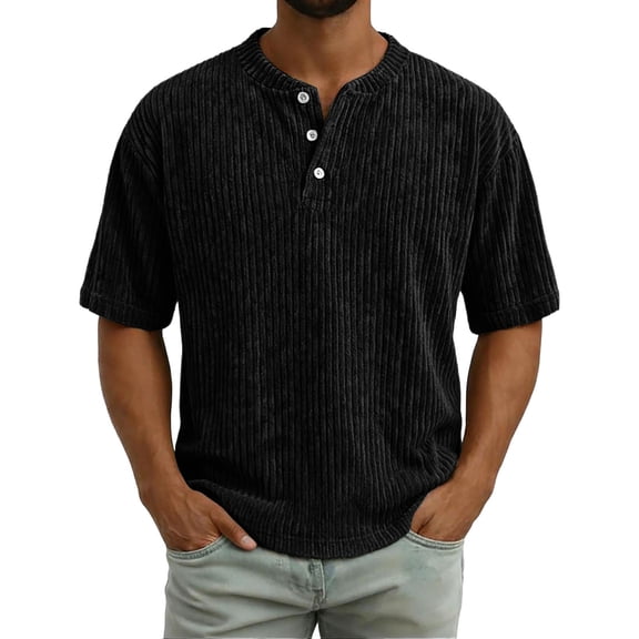 Men's Casual Round Neck Short Sleeve Button Up Shirt, Soft Cotton Top for Everyday Wear