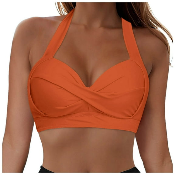 TTUHYWXI Women Full Coverage Bikini Top Only Criss Cross Push Up Swim Crop Top Tie Back Bathing Suit (Orange, M)