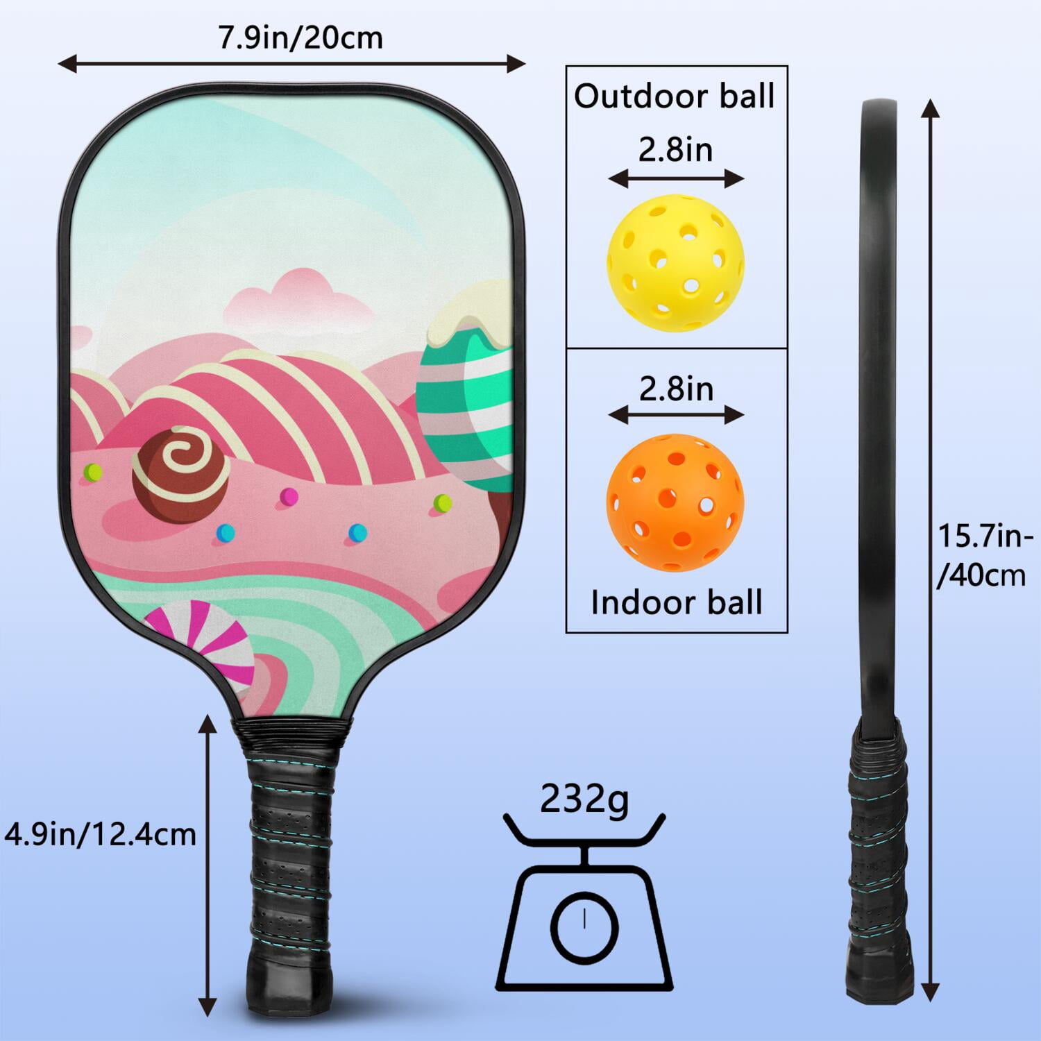 Pickleball Paddles Set Of 2, Fiberglass Surface, Sweet Candy Print, 4 Balls & Bag