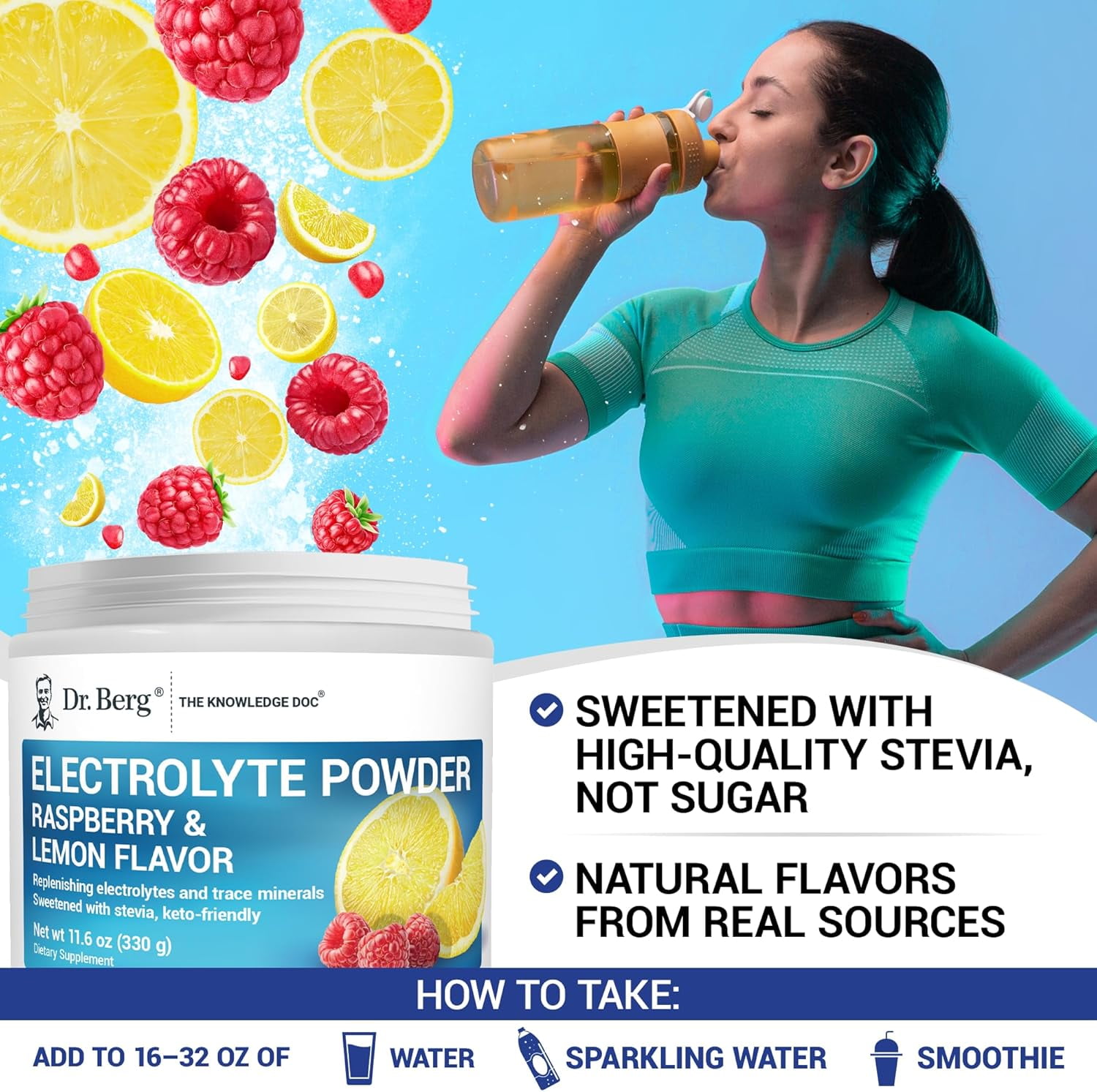 Dr. Berg Electrolyte Powder - Raspberry & Lemon Hydration Powder, 50 Servings