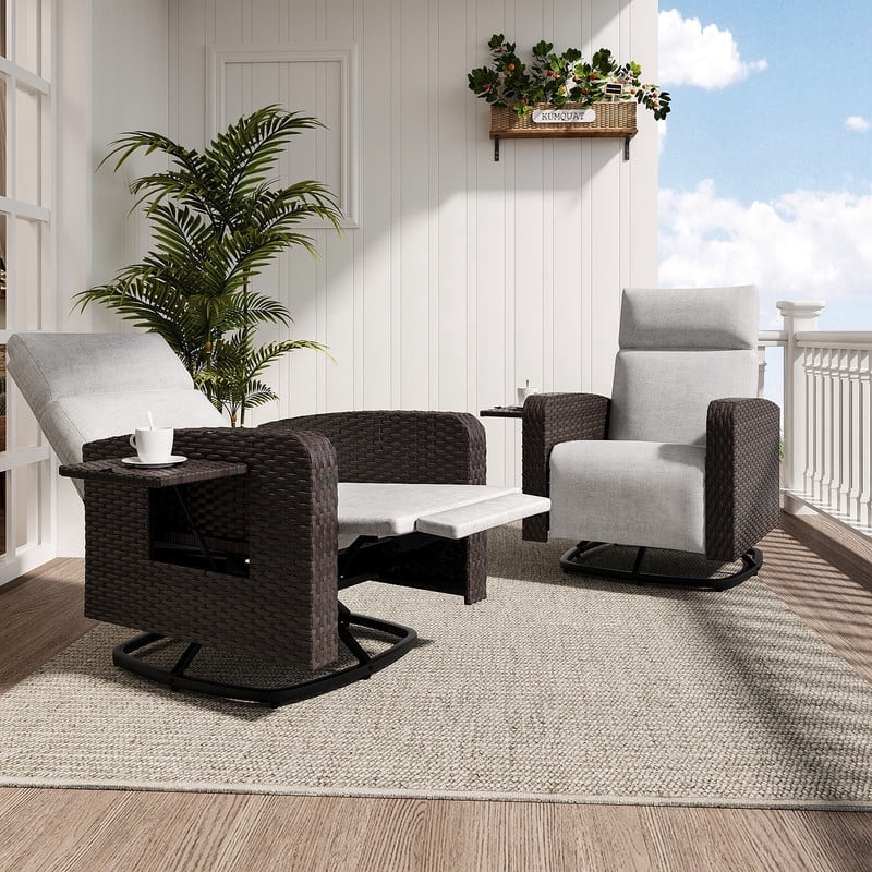 Gotland Outdoor Swivel Recliner Chair, Dual‑Adjust Wicker Patio Chair with Adjustable Backrest, Footrest & Flip‑Up Table for Pool, Balcony, Patio, Courtyard,Set of 2,Brown PE Wicker