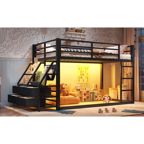 Black Twin over Twin bunk Bed with Storage Shelves and Drawers, Metal Bunk Bed with LED Lights