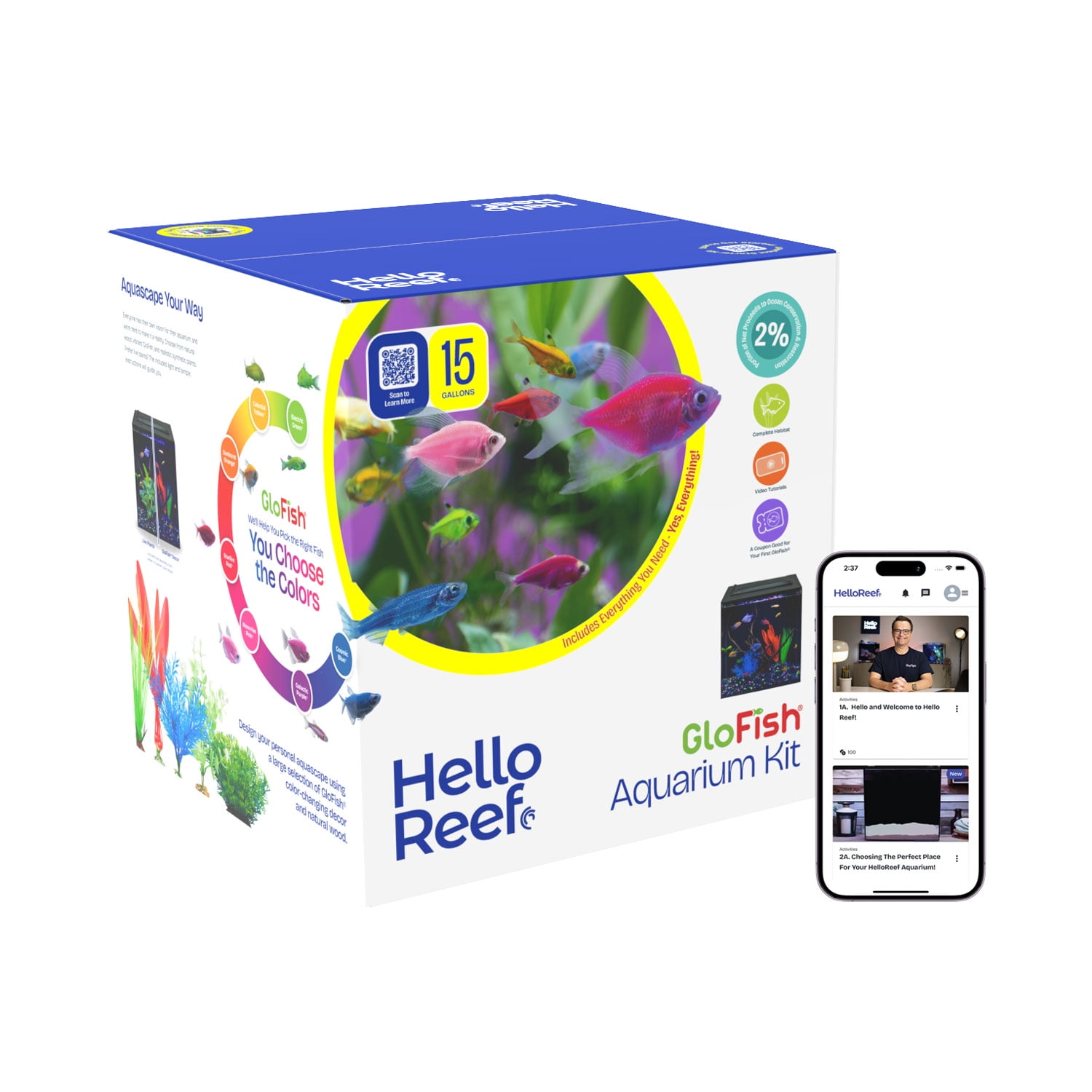 HelloReef 15 Gallon GloFish Complete Freshwater Aquarium Kit with App Controlled Smart LED Lighting, Filtration, GloFish Decor, and Guided Online Learning Center