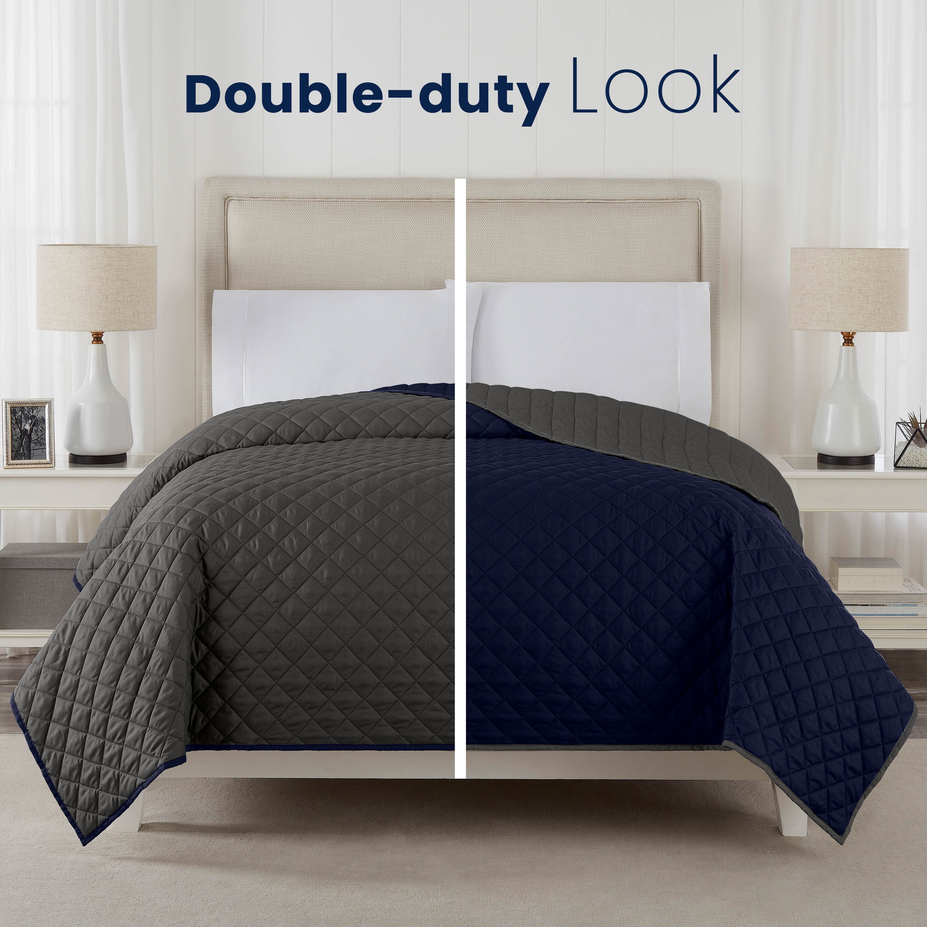 Martex Reversible Microfiber King Coverlet, Soft Lightweight Bedding, Graphite/Navy