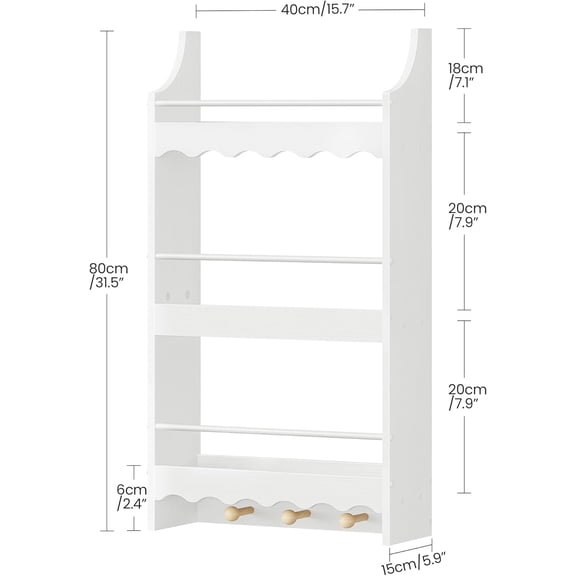 Wall Bookshelf for Kids, 3-Tier Floating Shelves with Hooks & Guardrails, Space-Saving Storage for Nursery and Living Room, White and Natural Wood