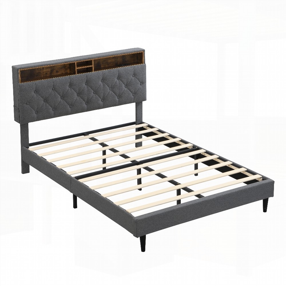King Size Upholstered Platform Bed Frame with Modern Button-Tufted Linen Fabric Headboard,No Box Spring,Dark Grey for Bedroom