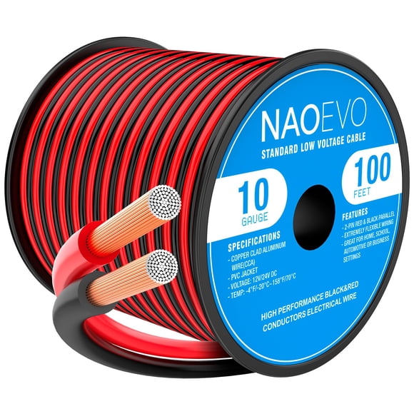 Cable eléctrico NAOEVO, calibre 10, 100 pies, 2 conductores, rojo y negro