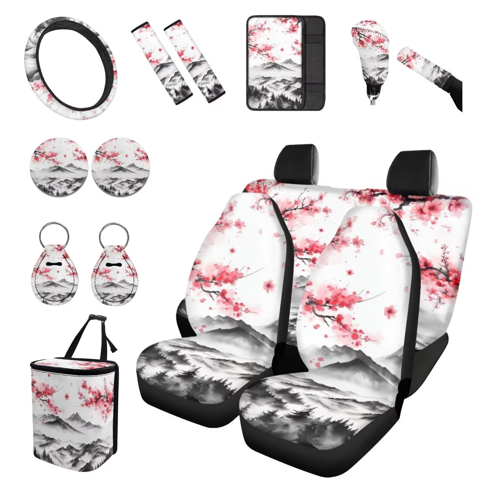 Eheartsgir Plum Blossom Car Seat Cover Front Back Seat Protector Set of 14 Ink Wash Slip-Resistant Auto Seats Cushions Sets with Gear Shift Pad, Keychain, Automobile Interior Accessories