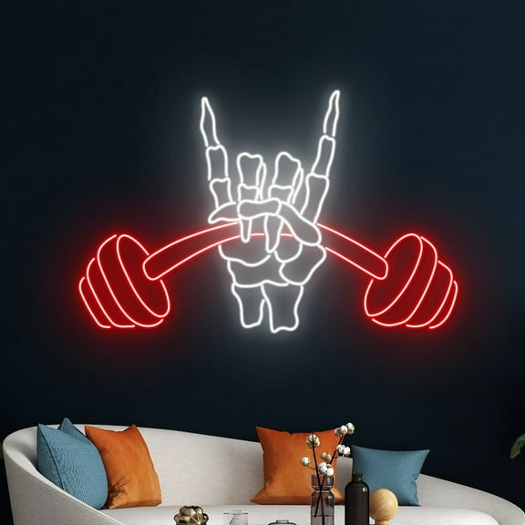 Handmadetneonsign Lifting The Weight Skeleton Rock Hand Neon Sign, Dumbbell Hand LED Sign, Barbell