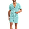 thumbnail image 5 of Fanxing Men's Cardigan Suit Mesh Knit Short Sleeve Shirt with Shorts Two Piec Outfits Set Hawaiian Shorts Suit Light Blue,L, 5 of 6
