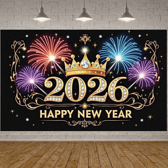 Golden Theme New Year Banner Pink Rose 2026 Banner Firework Design Star Decoration Happy New Year Banner for New Year Party 2026 Celebration Holiday Gathering