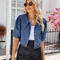 thumbnail image 5 of LYMAYTER Women Denim Jacket Navy Collar Short Jean Jacket 3/4 Sleeve Versatile Short Cowboy Outwear S M L XL, 5 of 8