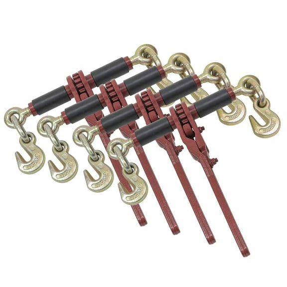 (4 Pack) Chain Binder Ratchet Style 5/16 - 3/8" Gold Chromate Hooks 7,100#  WLL w/ Easy GRIPS on Barrel