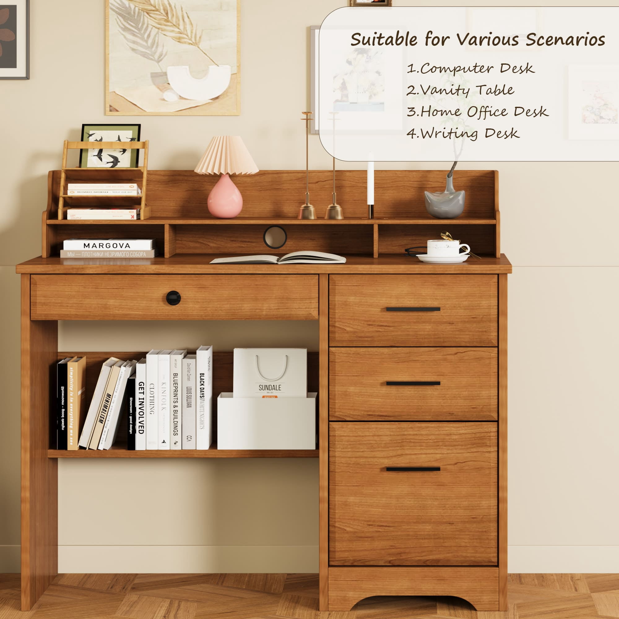 4 EVER WINNER Computer Desk with Drawers & Monitor Stand for Small Spaces, Wood Home Office Desk with File Cabinet, Writing Study Table for Bedroom Home Office, Brown