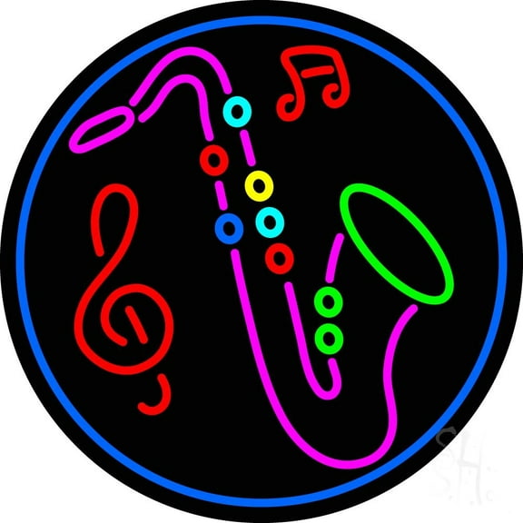 Saxophone With Music Notes LED Neon Sign 26" Tall x 26" Wide - inches Black Square Cut Acrylic Backing, with Dimmer - Premium built indoor Sign for Studio, Club, Décor, Event, Storefront.