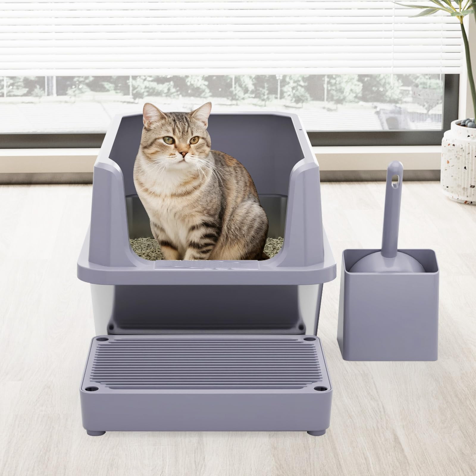Cat Litter Box: Pink Stainless Steel Won't Trap Odors - Easy Rinse Clean Non-porous Open Top Design 11.6" High Sides 17.3"x13.5" With Scoop Studio Apartment/bathroom