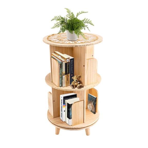 Revolving Bookcase,2/3/4/5/6 Tier Freestanding Vertical Pine Wood Rotating Bookshelves Open Storage Swivel Book Magazine Orgarnizer for Office Bedroom Living Room Off-White