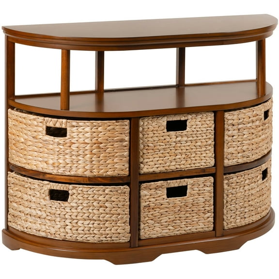 eHemco Hampton Meadows Half Moon Console Table with 6 baskets and Shelf, Coffee