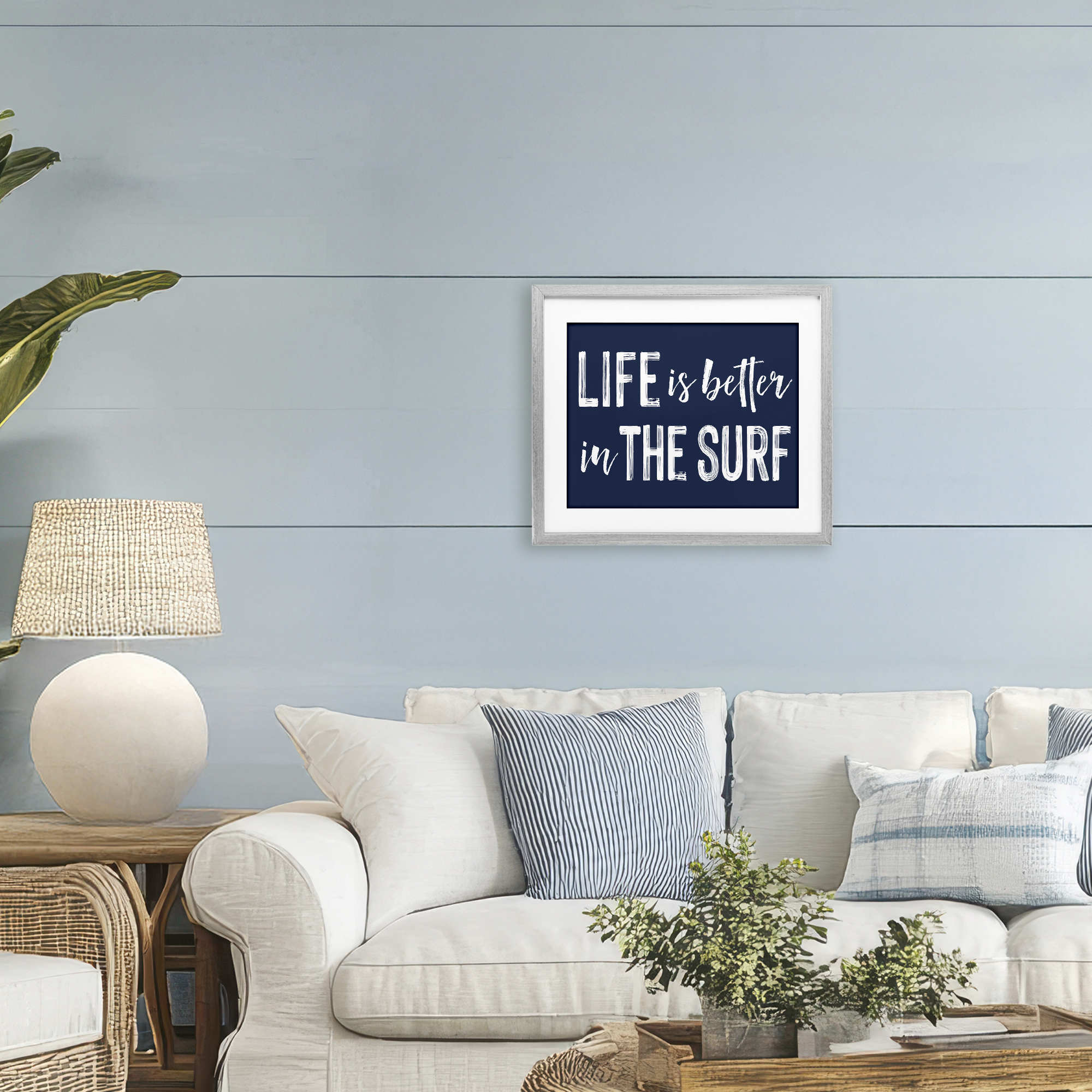 Life Better In Surf Gray Framed Print Under Glass, design by Lettered and Lined