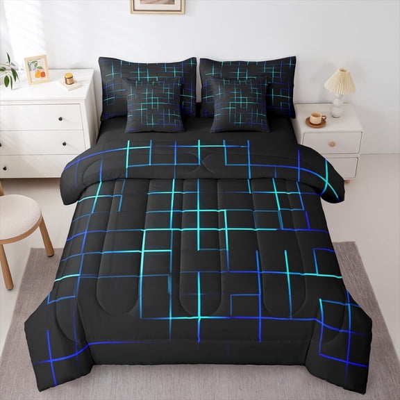 Feelyou Neon Blue Stripes Bedding Comforter Set 7 Pieces for Kids, Rectangle Square Geometric Full Bedding Set, Abstract Reversible Fitted Sheet Flat Sheet, Microfiber Bedroom Decor