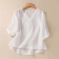 thumbnail image 2 of Icvfdpl Women'S Tops Solid Color Vintage Embroidered Linen Cotton Blouse V Neck Patchwork Tulle T Shirt, 2 of 6