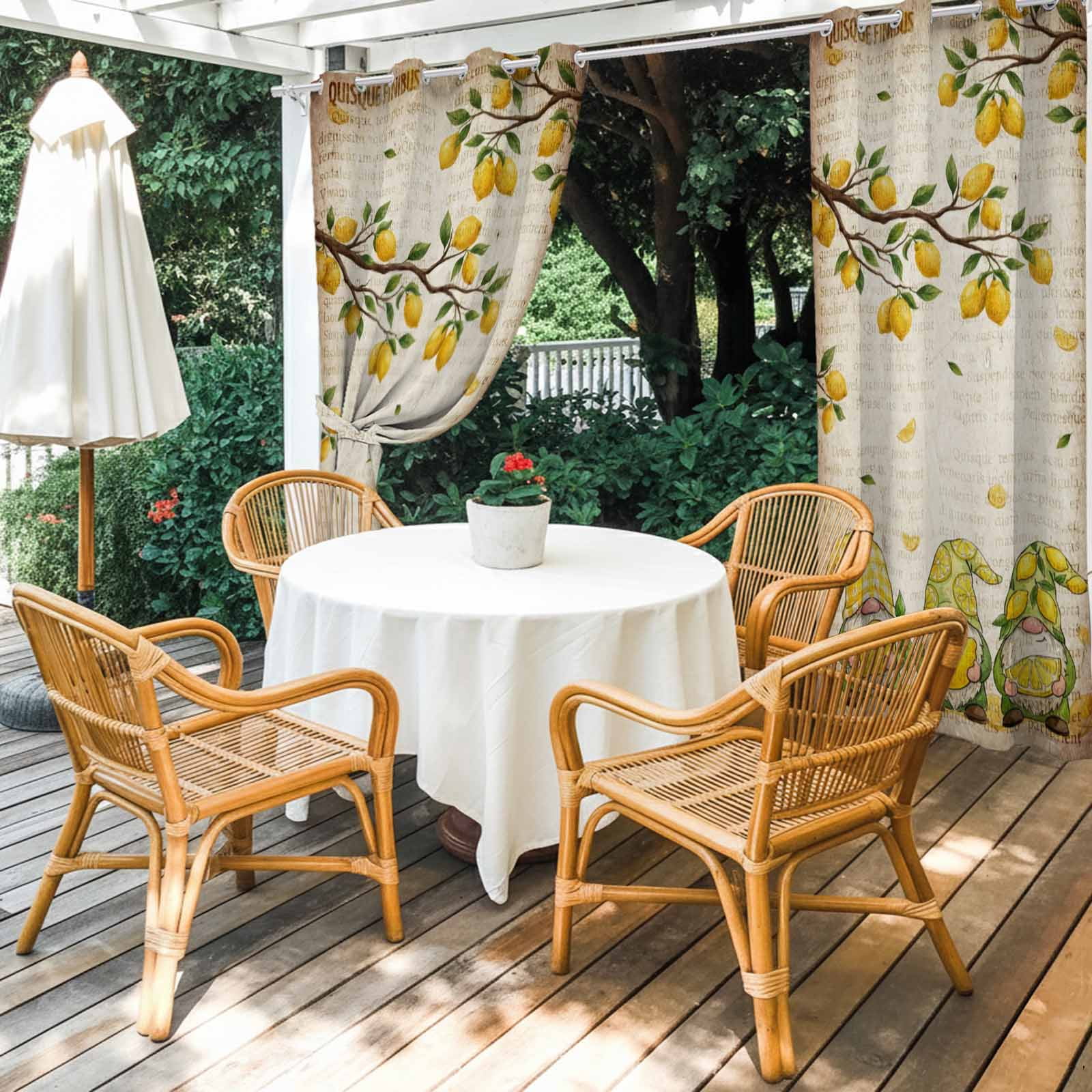 Outdoor Curtains for Patio Waterproof, Lemon Gnomes Windproof Pravicy Outside Porch Blackout Curtain, Summer Vintage Tropical Lemon Fruits Sun Blocking Grommets Curtains for Cabana 2 Panels 54"x108"