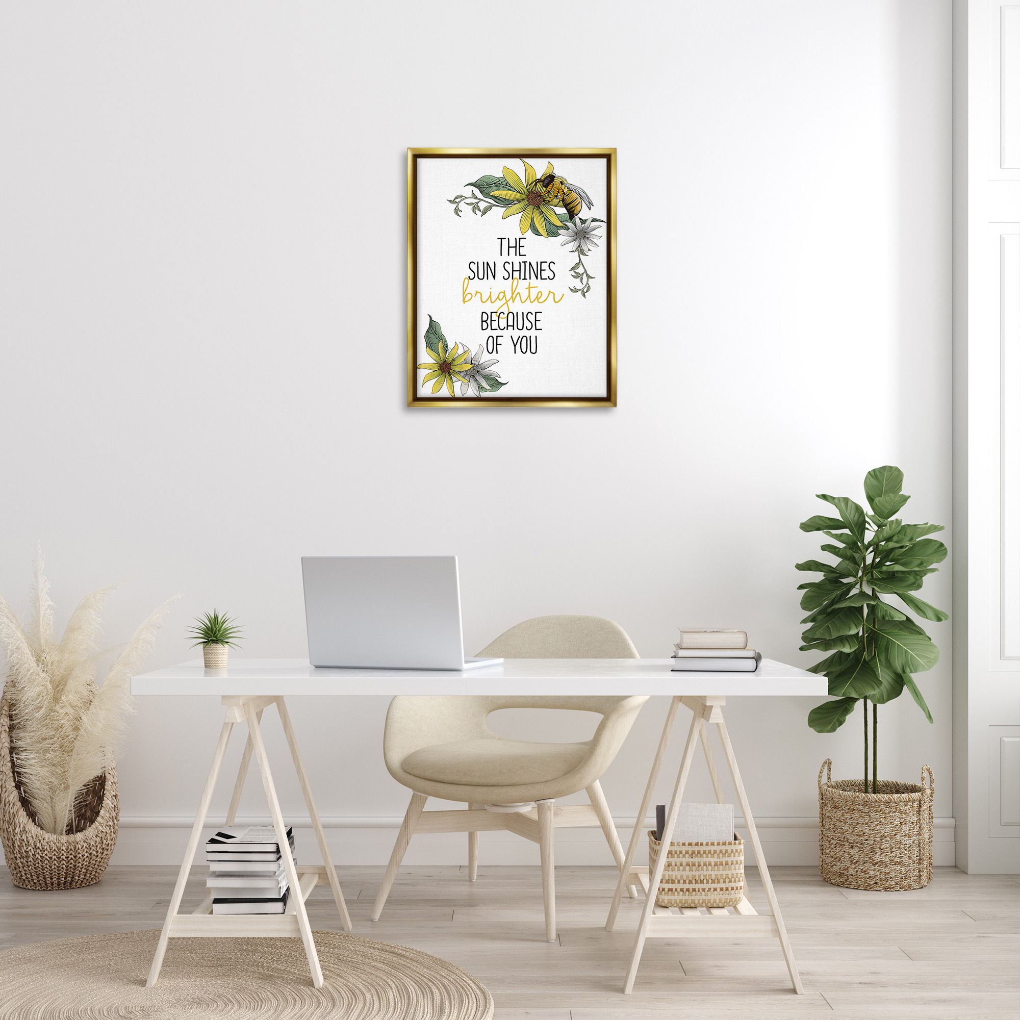 Stupell Industries Sun Shines Brighter Botanical & Floral Painting Gold Floater Framed Canvas Art Print Wall Art, 25 x 31