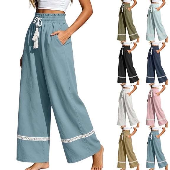 Hvogkswy Women Wide Leg Linen Pants Lace Paneled High Waist Drawstring Pants with Pockets Loose Comfy Travel Vacation Summer Casual Pants