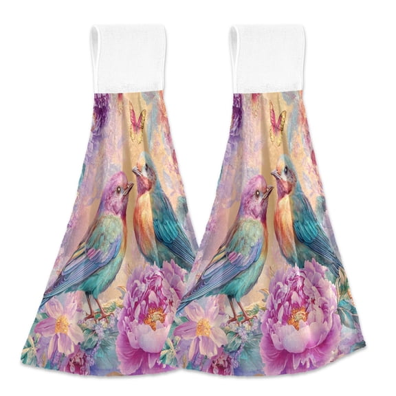 BZSMCE Hanging Hand Towels Fashion Cute Birds and Flowers Pattern 2-Pack - Velcro Style Bathroom Kitchen Towels