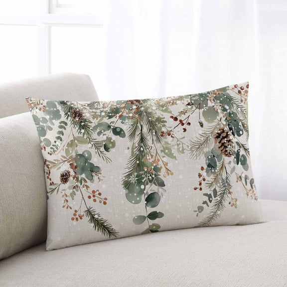 Christmas Throw Pillow Cover Case, Couch Sofa Bed Pillowcase, Soft Decorative Lumbar Pillow Protector, Green Eucalyptus Pine Leaves Snowflake Winter 16x24Inch Reversible Pillow Shams with Zipper