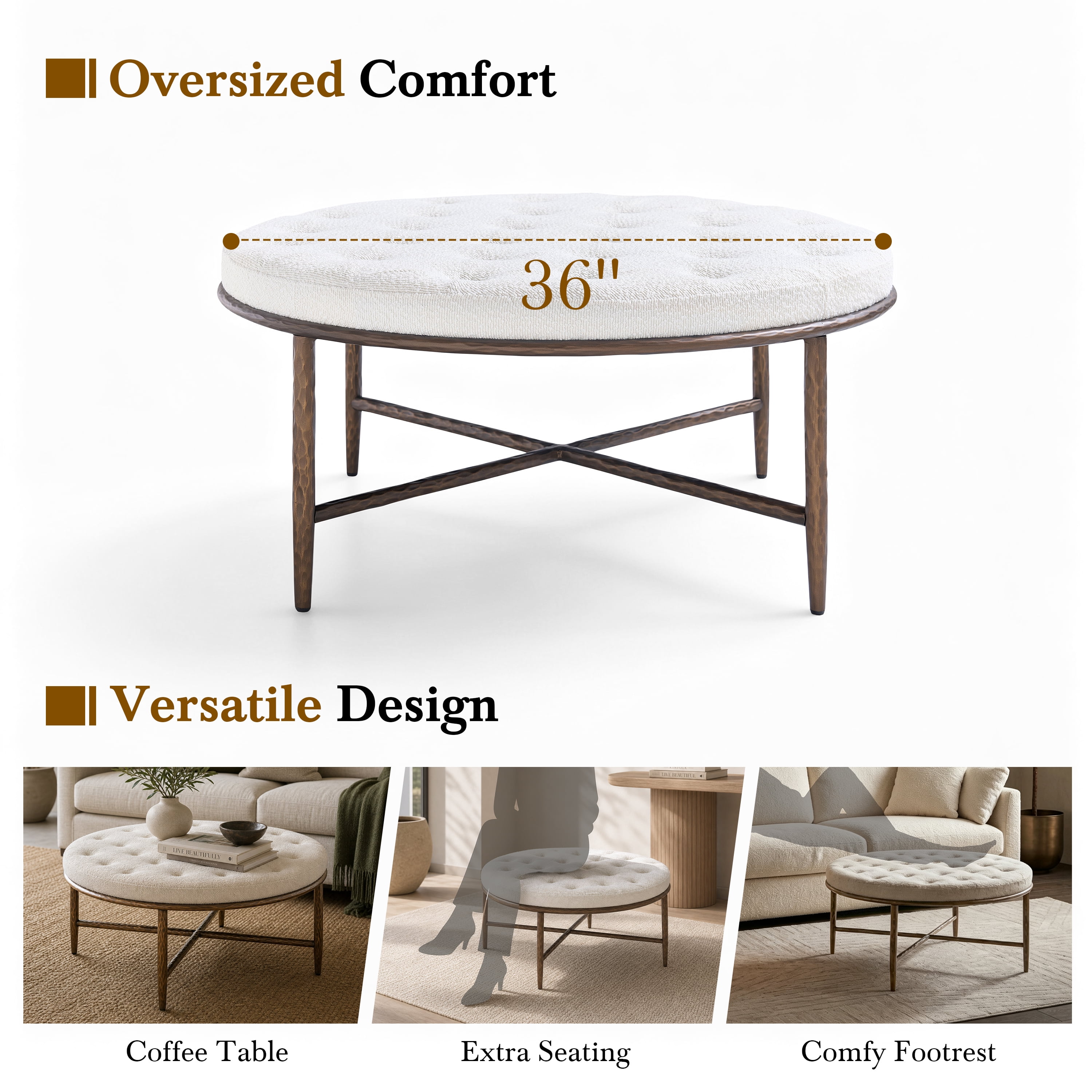 GARITIN Round Tufted Ottoman 36 Inch, Large Upholstered Footstool Coffee Table with Hammered Metal Frame for Living Room, Beige