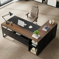 Finmind 71 inch Executive Desk, L Shaped Desk with Cabinet Storage, Executive Office Desk with Shelves, Business Furniture Workstation for Home Office, Black and Brown
