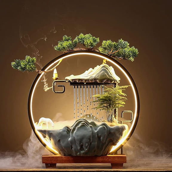 Tabletop Water Fountains - Indoor Waterfall with Mist LED - Japanese Indoor Water Fountains for Meditation - Includes Backflow Incense and Plants - Feng Shui Decor