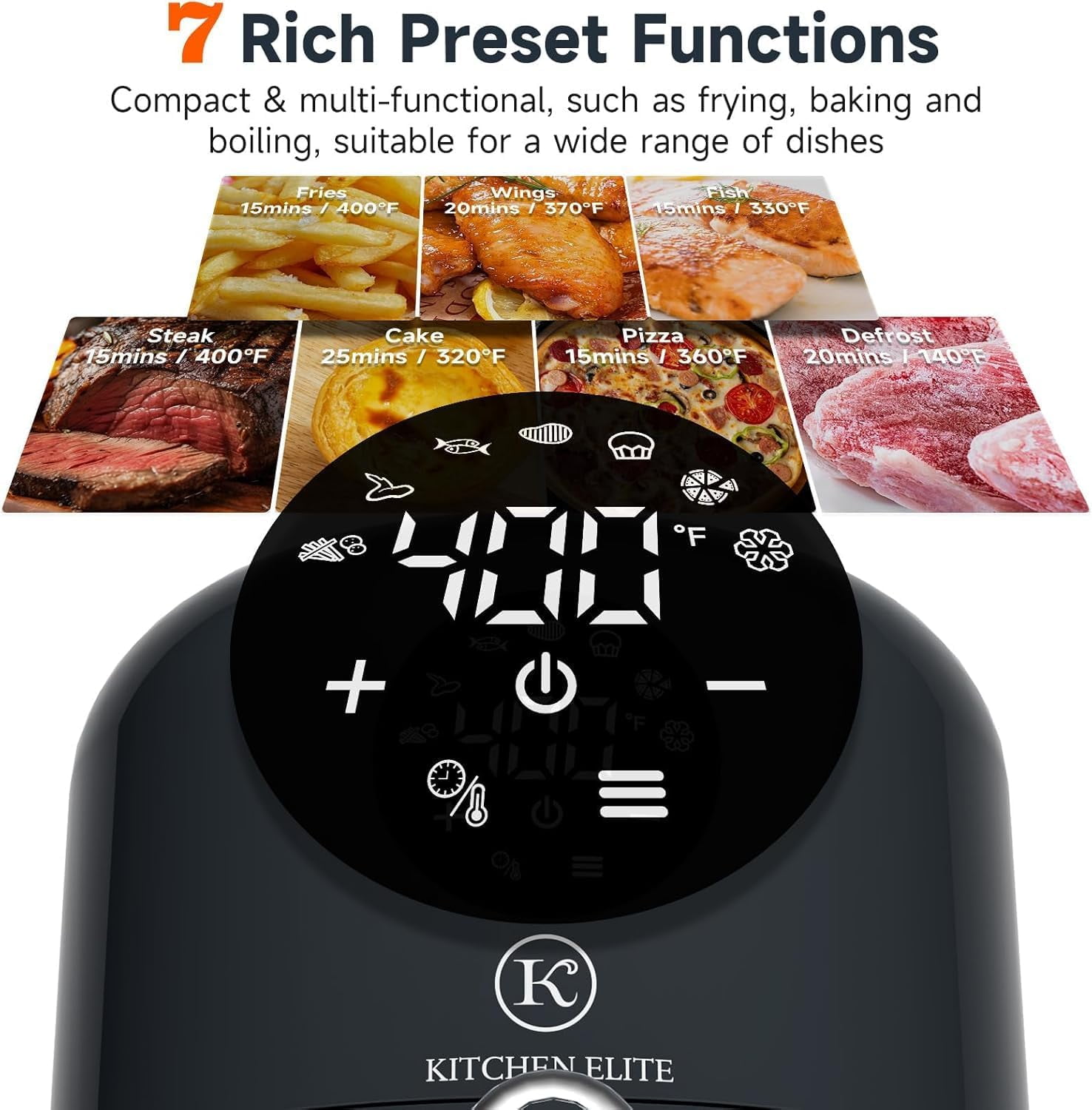Kitchen Elite® Air Fryer, 7 in-1 Digital Compact Airfryer, Easy for Simple Meals & Snacks with Tray, 90% Less Oil, Nonstick & Dishwasher Safe Basket, 2QT Space Saving, Gray, Beautiful & Convenient